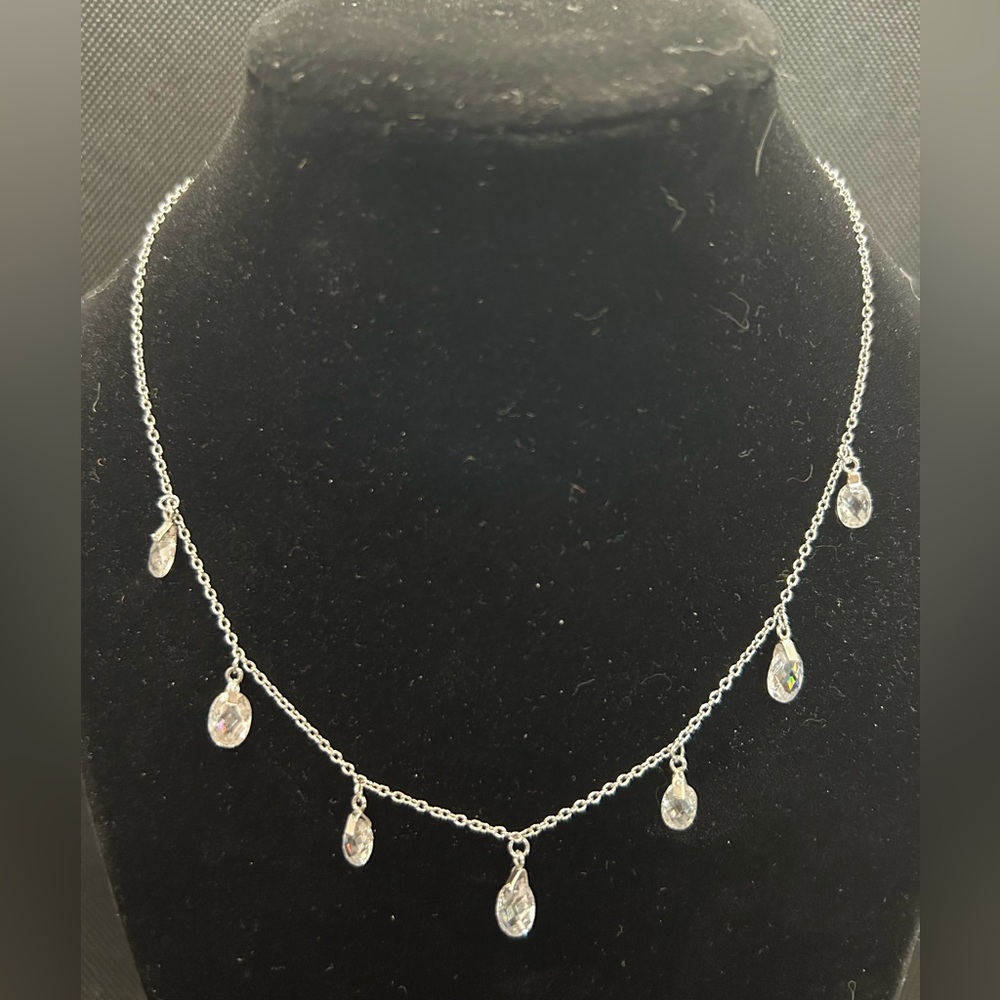 Sterling Silver 16” Necklace With Seven Crystal Drops